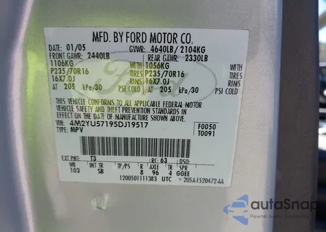 2005 Mercury Mariner Luxury/Premier из США, поврежденный, VIN 4M2YU57195DJ19517